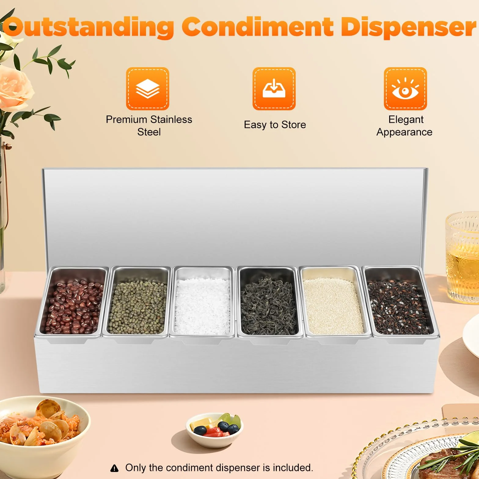Madelynn Contenitore per ingredienti per pizza, 6 scomparti, in acciaio inox, 46 x 15 x 9 cm, rettangolare, in acciaio inox, design pieghevole, con fondo piatto, per cucine private, ristoranti