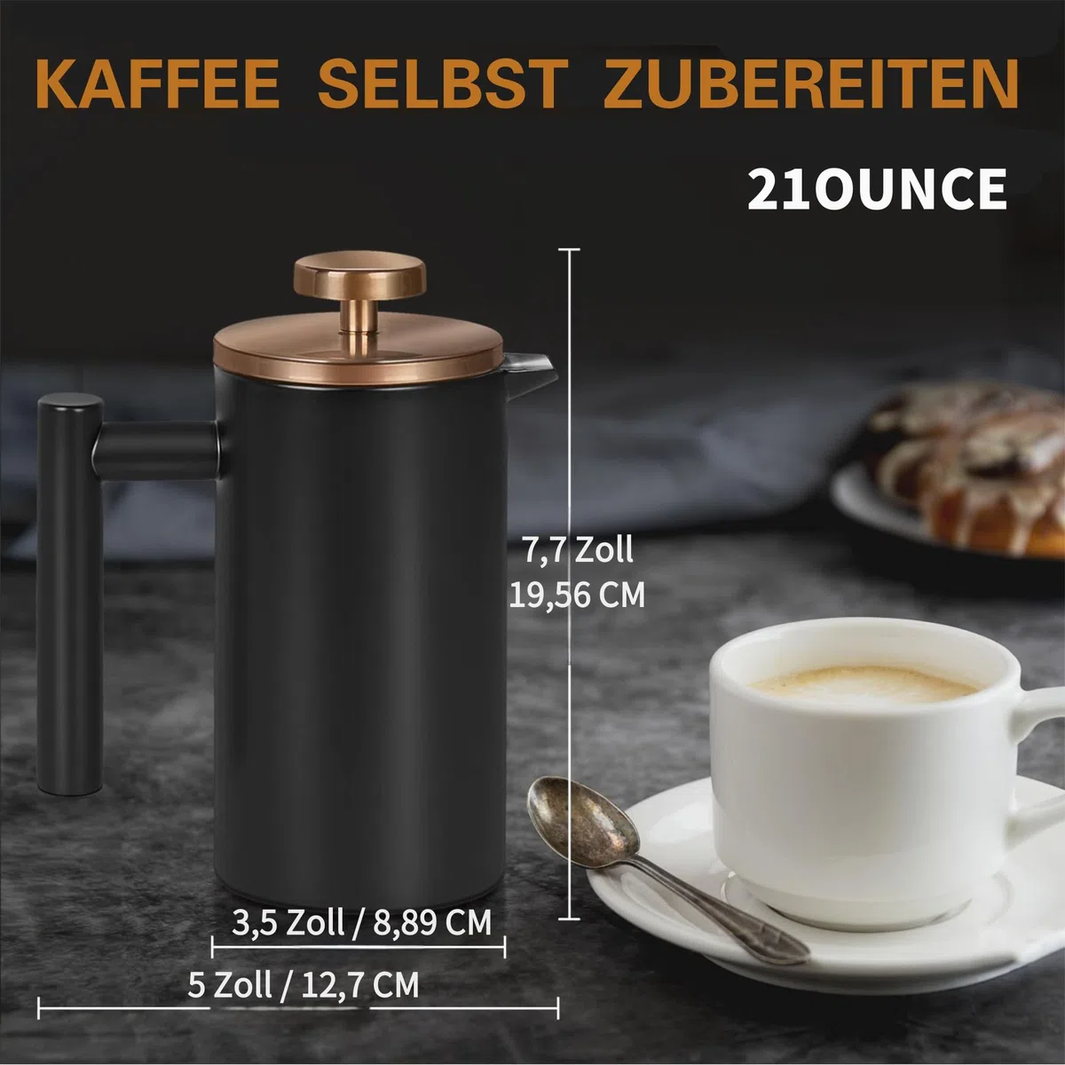 Pressa da caffè in acciaio inox, 600 ml, a doppia parete, isolata, per caffè e tè, con 3 setacci aggiuntivi e un cucchiaino da caffè, nero