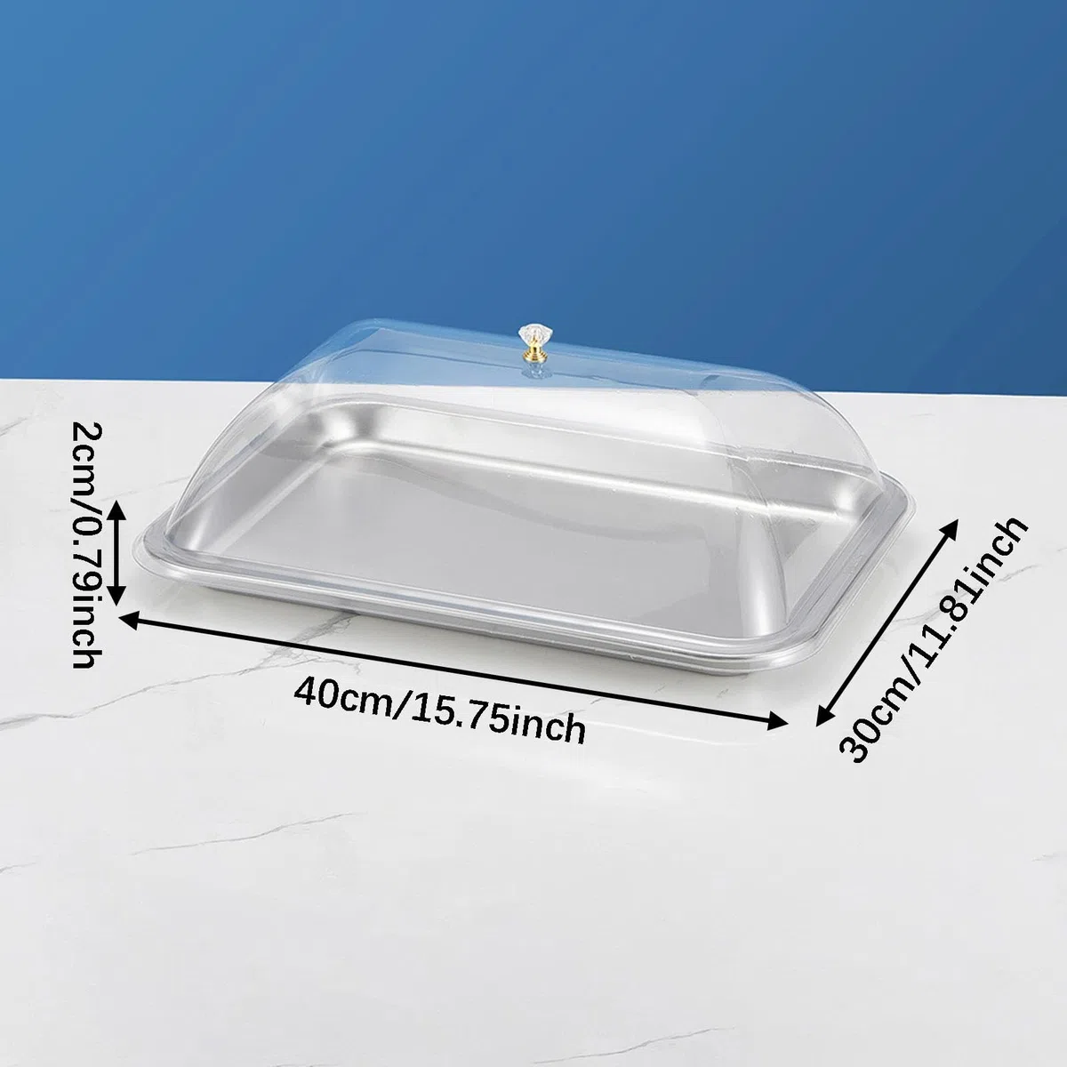 Vassoio per Torte Rettangolare con Coperchio PP Trasparente in Acciaio Inox, Piattino da Portata per Dessert Dolci Frutta, Facile da Pulire per RIST, Cucina e Ricevimento di Nozze, 40x30x2 Cm