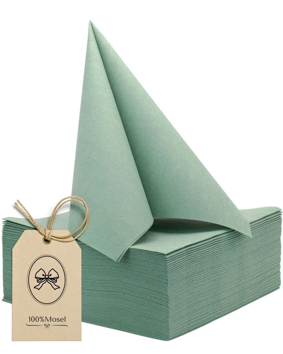 100% Mosel Tovaglioli in Airlaid, 50 Pezzi (40 x 40 cm), in Verde Eucalipto – simili al tessuto & tinti in massa – Decorazione tavola premium per matrimonio & compleanno