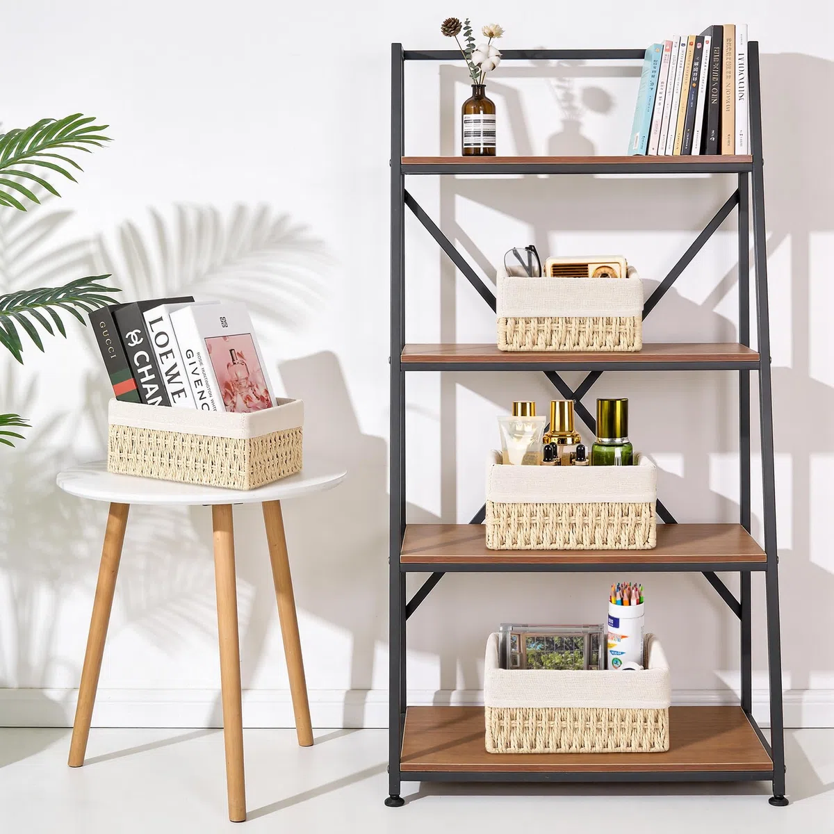 Set di 4 Cestini Portaoggetti in Corda di Carta, Cesto Vimini Intrecciato a Mano per Bagno, Camera dei Bambini, Cucina e Soggiorno - Ideale per Giocattoli, Cosmetici e Organizzazione(Beige)