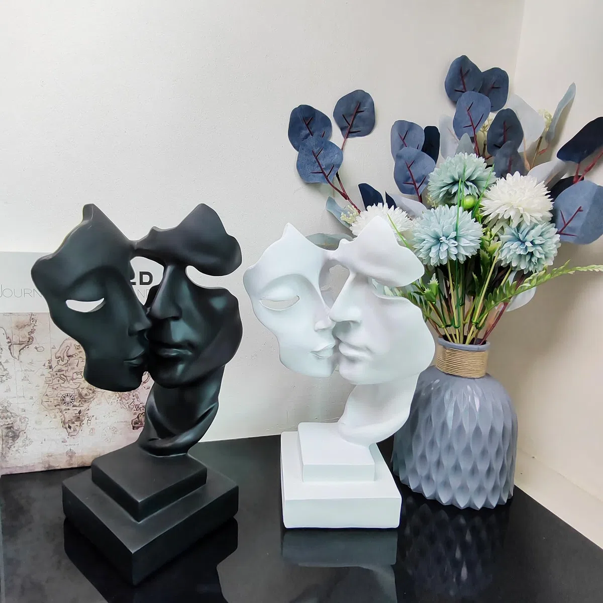 Maschera di Coppia,Statue Decorative,Decorazioni per Ufficio,Figure Decorative, Statuette Decorative Casa, Soggiorno Decorativo Moderno da Appoggiare, Scultura Astratta in Poliresina(Nero)