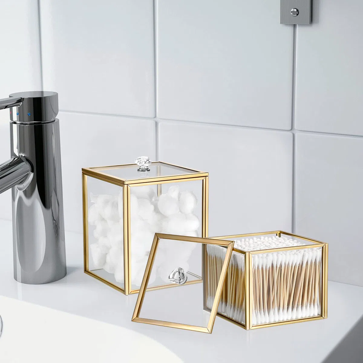 SUMTree 2 pz oro vetro trasparente Qtip titolare palle di cotone tampone organizzatore con coperchio