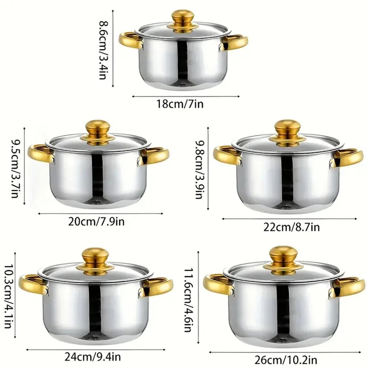 Set di pentole e padelle, set di pentole con coperchio in vetro, in acciaio inox, 5 pentole con 5 coperchi, doppia maniglia per la casa