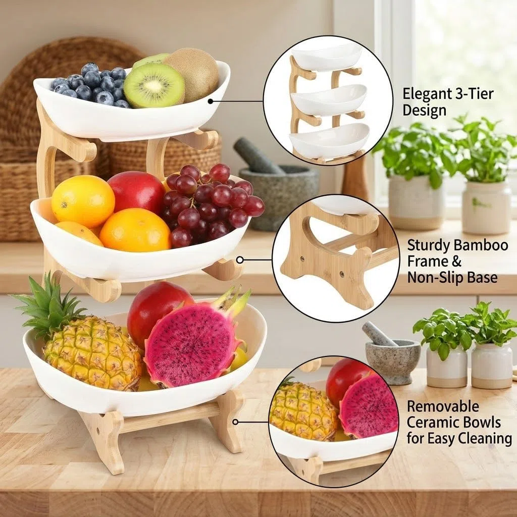 Alzata per frutta con 3 ripiani, con supporto in legno, per verdure, frutta, snack (ceramica)