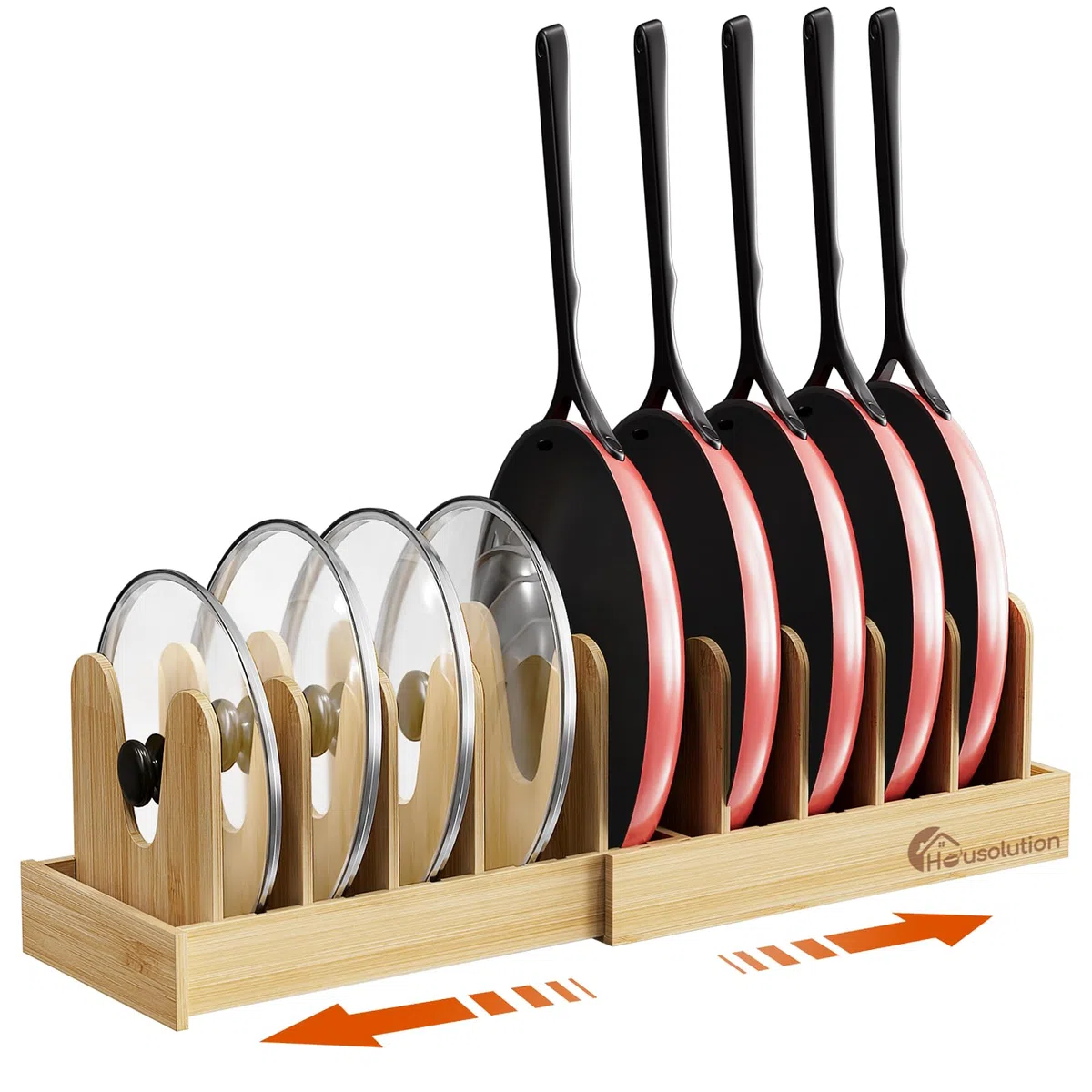 Housolution Bambù Porta Pentole e Padelle da Cassettone, 40cm-75cm Espandibile Porta Coperchi Pentole con 10 Scomparti Regolabili, Organizer Coperchi Pentole e Padelle per Cucina