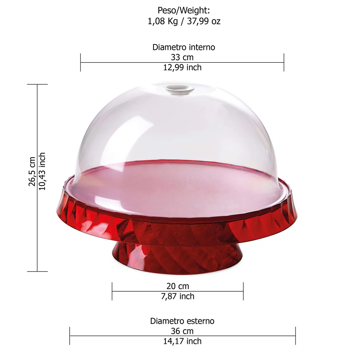 Omada Design Porta Torta con Alzata, Tortiera con Campana, Vassoio Double-face, Lavabile in Lavastoviglie, Made in Italy, Linea Diamond, Rosso