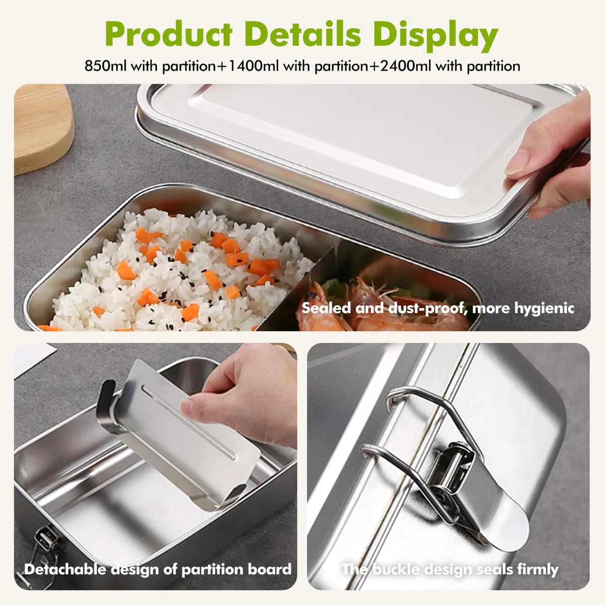 PORFOYO 3 contenitori in acciaio inox con scomparti, 850 ml, 1400 ml, 2400 ml, con coperchio, scatole bento in acciaio inox 304 con divisori rimovibili, impermeabili e portatili, facili da pulire
