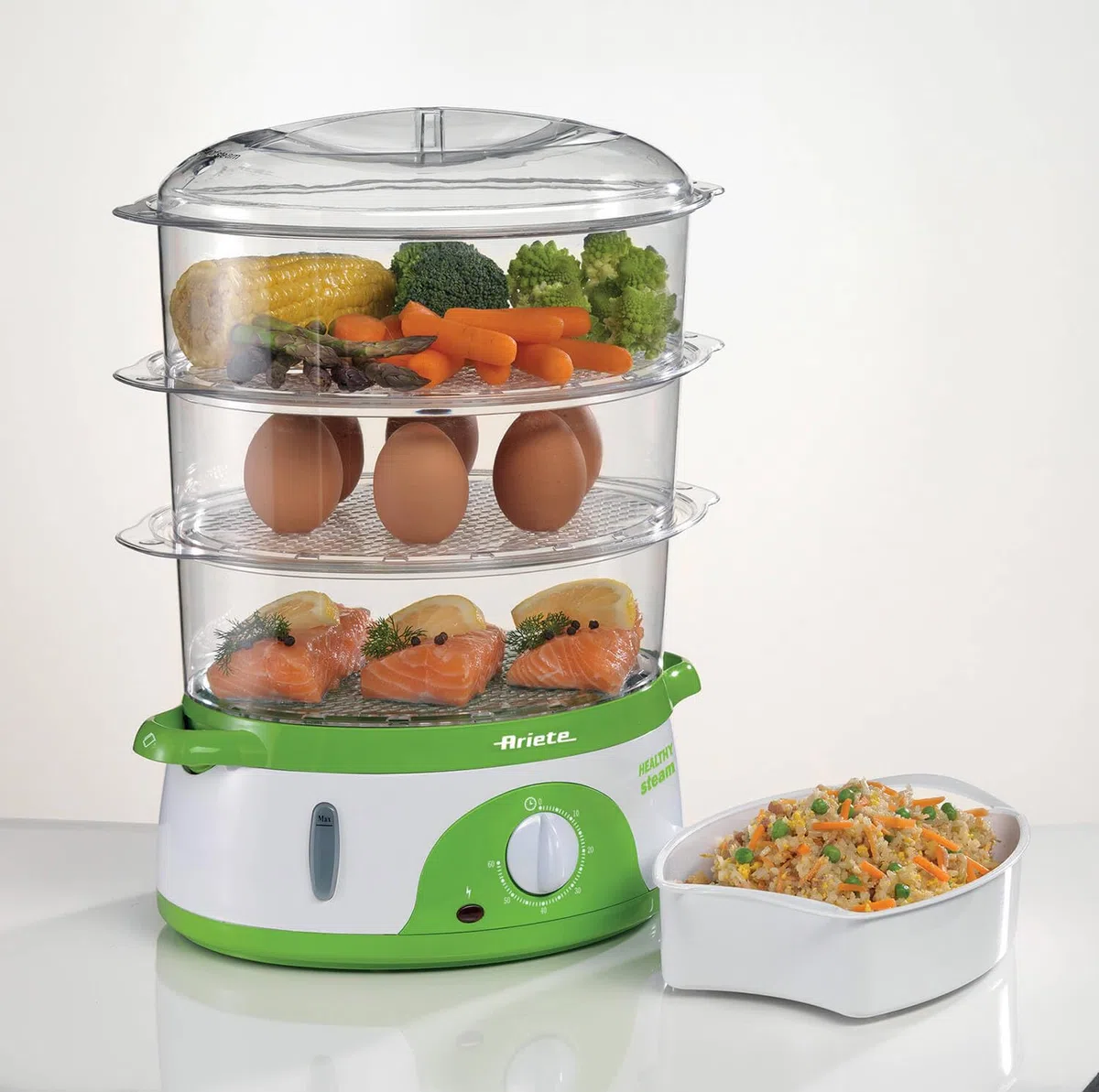 Ariete 911 Healthy Steam - Vaporiera Elettrica - 3 Cestelli - Contenitore per riso - Timer 60’ - 800 Watt - 9 Litri - Bianco e Verde