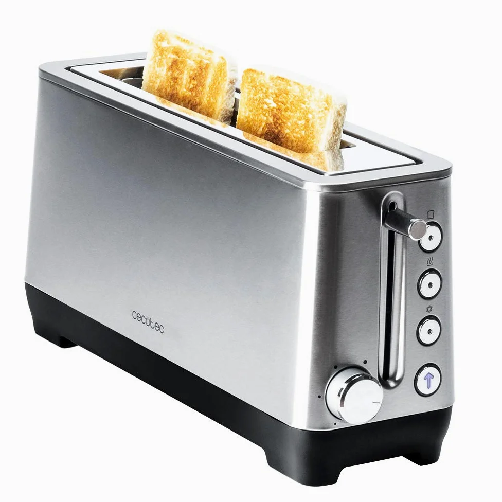 Cecotec Tostapane BigToast Extra. 1100 W, Fessura Lunga Extrawide, 4 Funzioni preconfigurate, 6 Livelli di Potenza, Barre Superiori per Riscaldare, Acciaio, Capacità per 2 Fette