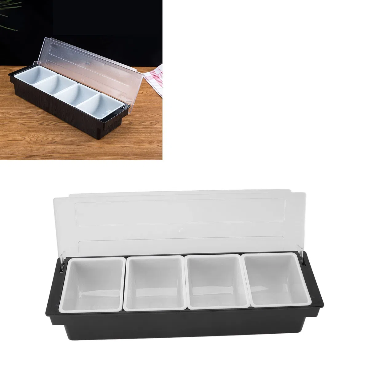 Contenitore per Frutta e Verdura con Coperchio, Contenitore per Dispenser di Condimenti per 4/6 Scomparti, Stazione di Decorazione in Plastica per Bartending e Servire Taco, Gelato,(4 scomparti)
