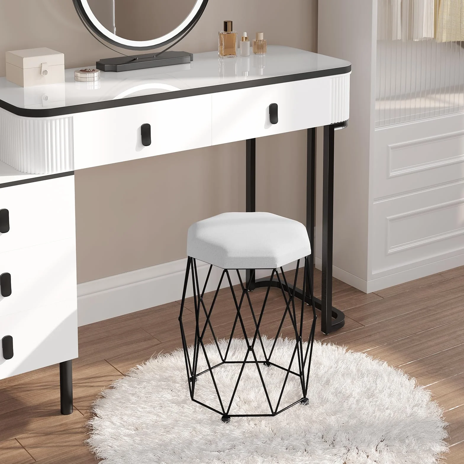 WOLTU Sgabello per Toeletta Trucco, Sedia da Trucco, Sgabello Basso, Seduta in Velluto e Telaio in Metallo, 30x30x44cm, per Camera da Letto, Soggiorno, Ingresso, Bianco + Nero, MB6111wsz
