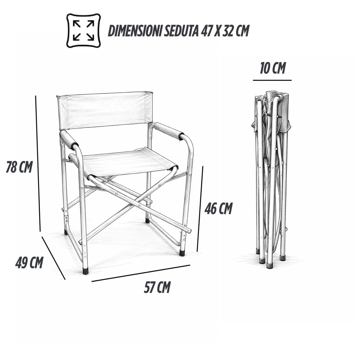 Sedia Regista Pieghevole in Alluminio Grigio Sedia Da Campeggio 57x49x78cm Mare Spiaggia Giardino Universale Telo Poliestere Spalliera Braccioli Salvaspazio Trasportabile Richiudibile Lavabile