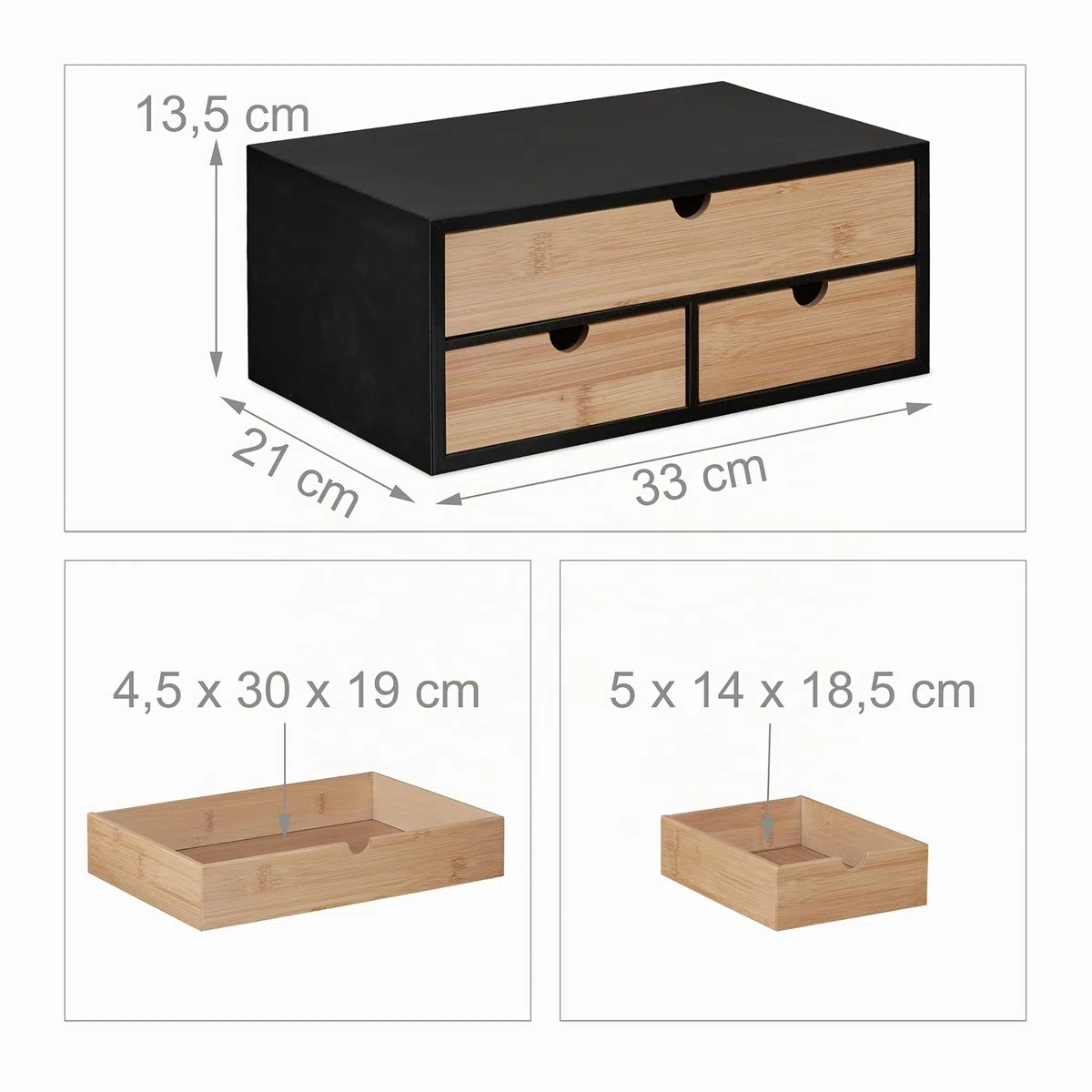 Relaxdays Organizer da Scrivania con 3 Cassetti in bambù e MDF, Cassettiera da Ufficio, HLP 13,5x33x21 cm, Naturale Nero