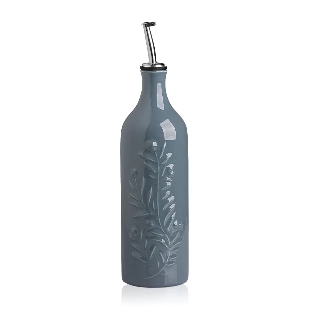 Sweejar Home Grande Bottiglia Dispenser in Ceramica per Olio d'Oliva, 700ml, Ampolla Opaca con Rilievi Protegge dall'Ossidazione, Bottiglia per EVOO, Aceto, Salsa di Soia, Blu Nebbia