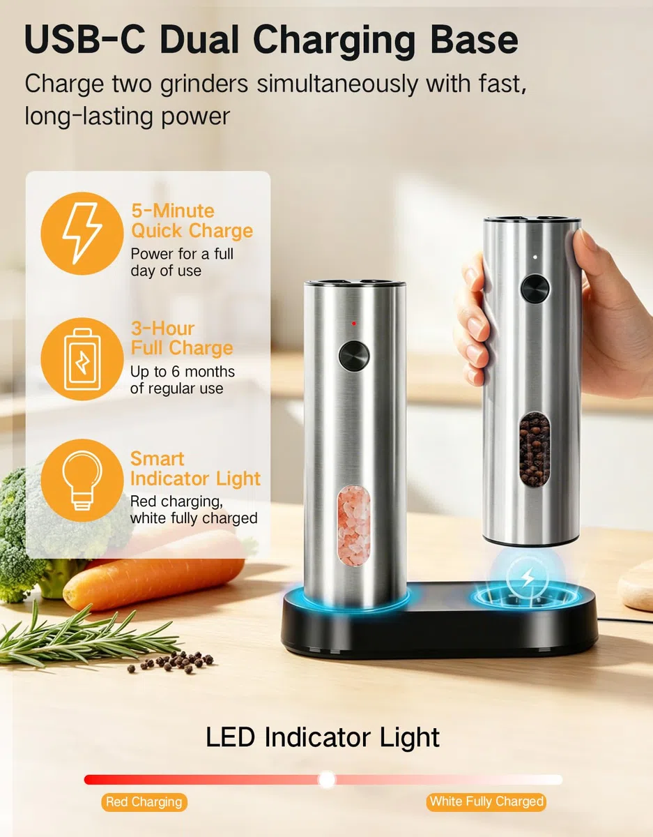 Molino Eléctrico Sal y Pimienta Recargable Set de 2 Piezas 110 ml Base de Carga USB-C Luz LED Grado de Molienda Ajustable Automático Ideal Regalo Cocina y Hogar