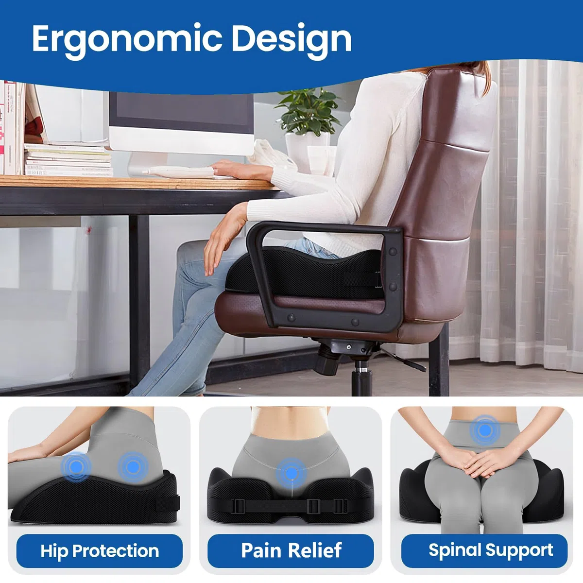 Benazcap Cuscino Sedia Ufficio, Cuscino Ergonomico di Seduta Ortopedico per Alleviare la Pressione di Coccige, Sciatica, Cuscino di Seduta in Memory per Sedia a Rotelle, Sedile Auto