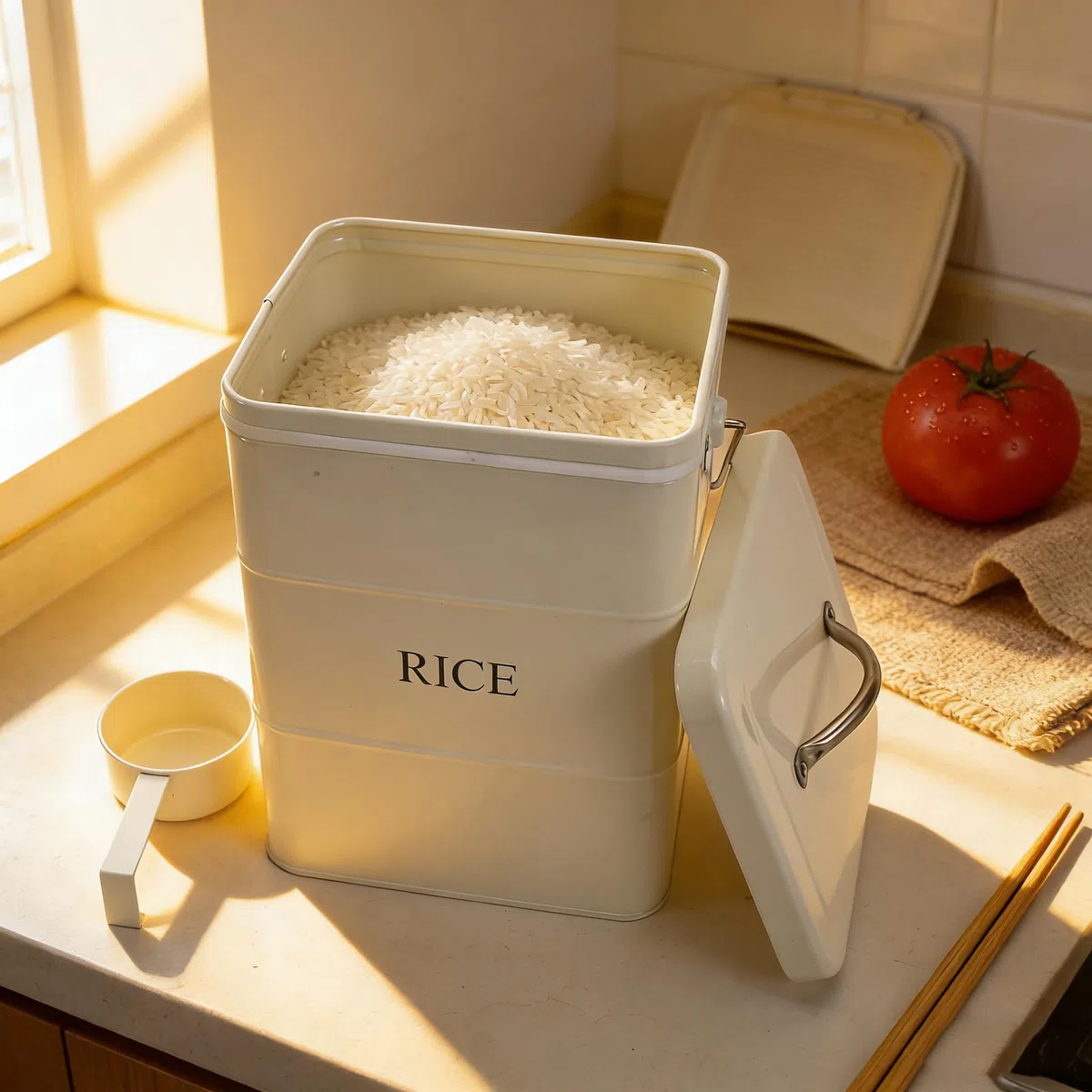 Contenitore per riso in metallo bianco, 4.5KG, con coperchio e manico, ermetico per riso, cereali, farina, contenitore per cibo secco, contenitore per animali domestici e alimenti
