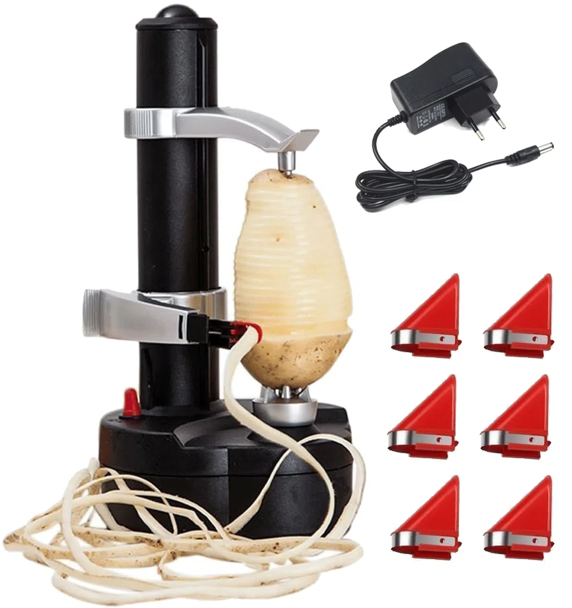 Sbucciatore Elettrico di Patate, Pelapatate Automatico a Rotazione con 6 Lame di Ricambio, Affettatrice per Frutta e Verdura, Strumento da Cucina per Sbucciare (Batterie Non Incluse)