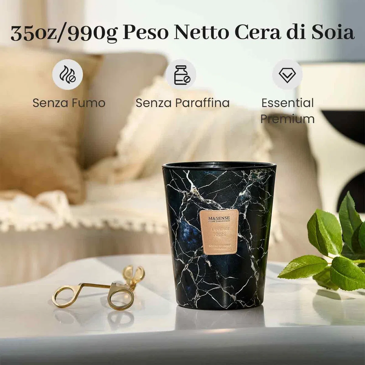 M&SENSE Candela Profumata Grandi 990g Notte Cuoio, 3 Stoppini 150H Dura, Naturali Cera di Soia Non Tossico Candele, Marmo Vetro Room Decor, Regalo di Lusso per Donne/Natale, Home Scented Oversize