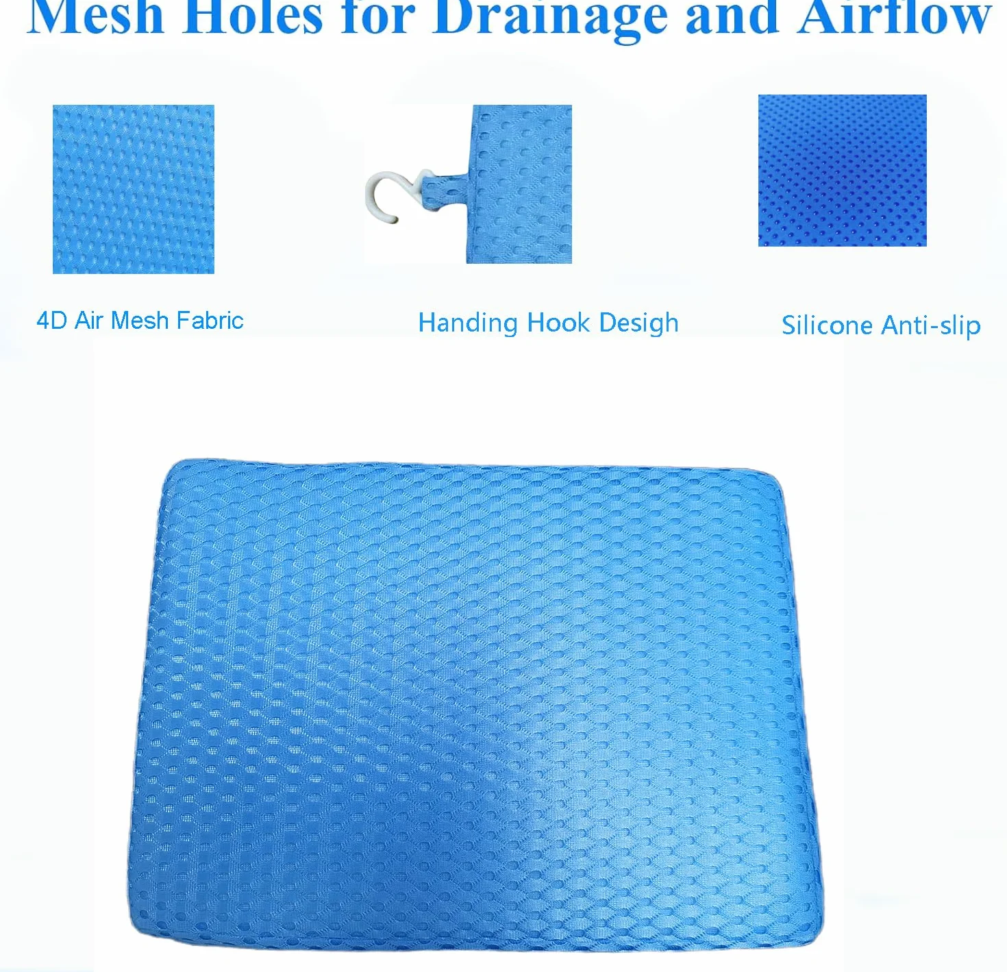 Tappetino Per Sedia da Doccia, Morbido Cuscino in Rete 4D Cuscino per Panca da Bagno, Imbottito Per Sauna, Materassino in Rete 3D con Gancio, Antiscivolo, Design per Anziani, Senior, Disabili (Blu)