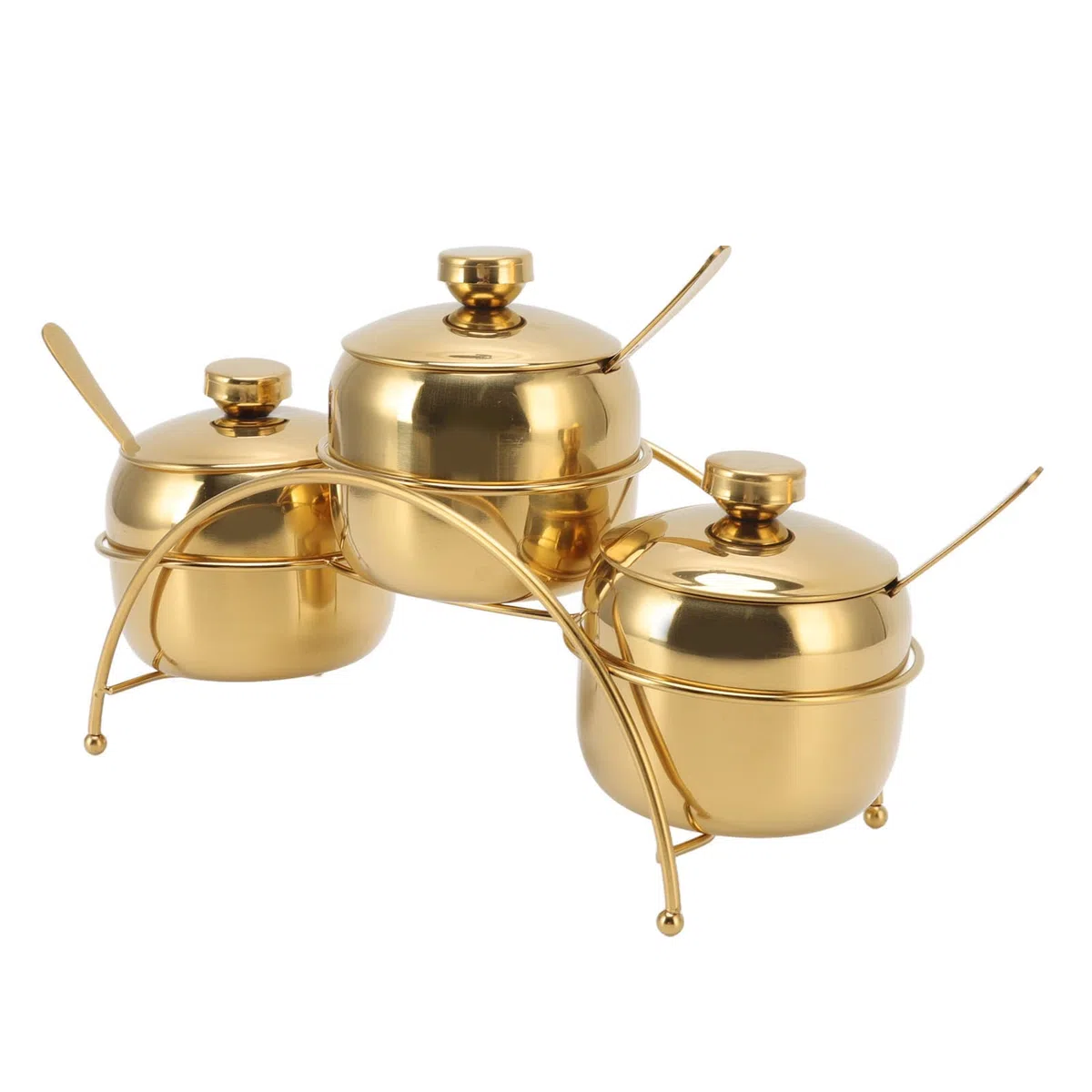 Set di barattoli per condimenti, in acciaio inox, per sale e pepe, con coperchio e cucchiaio, per condimenti da cucina, con ripiano (dorato)