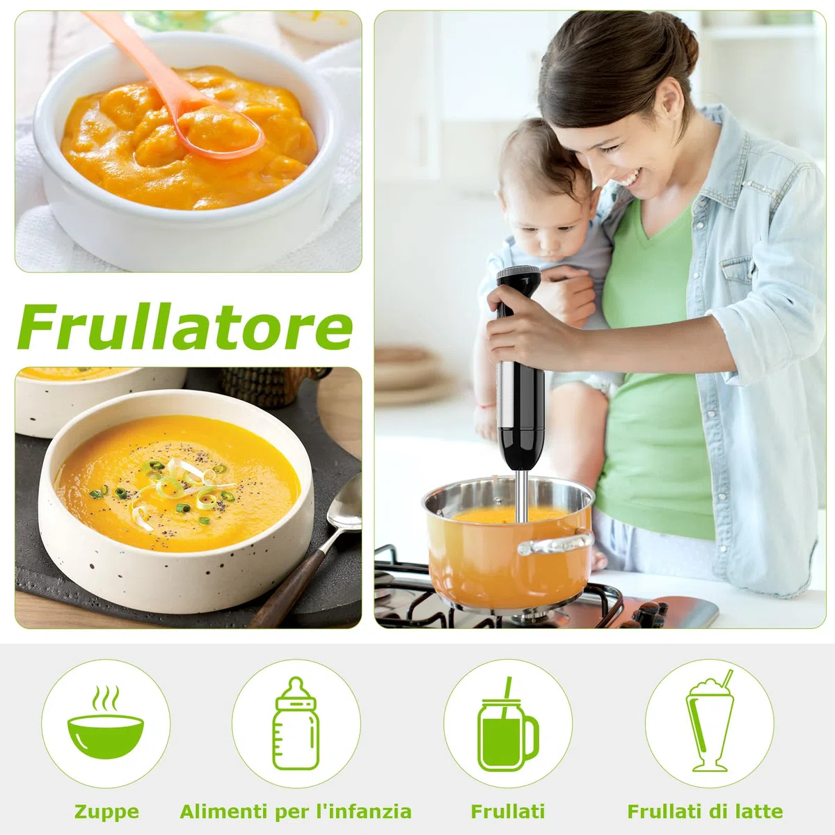 Bonsenkitchen Frullatore a Immersione Multifunzione 4 in 1, Minipimer in Acciaio Inox, 1000 W, 20 Velocità Regolabili, con Frusta, Tritatutto da 500 ml e Misurino da 700 ml, HB3203
