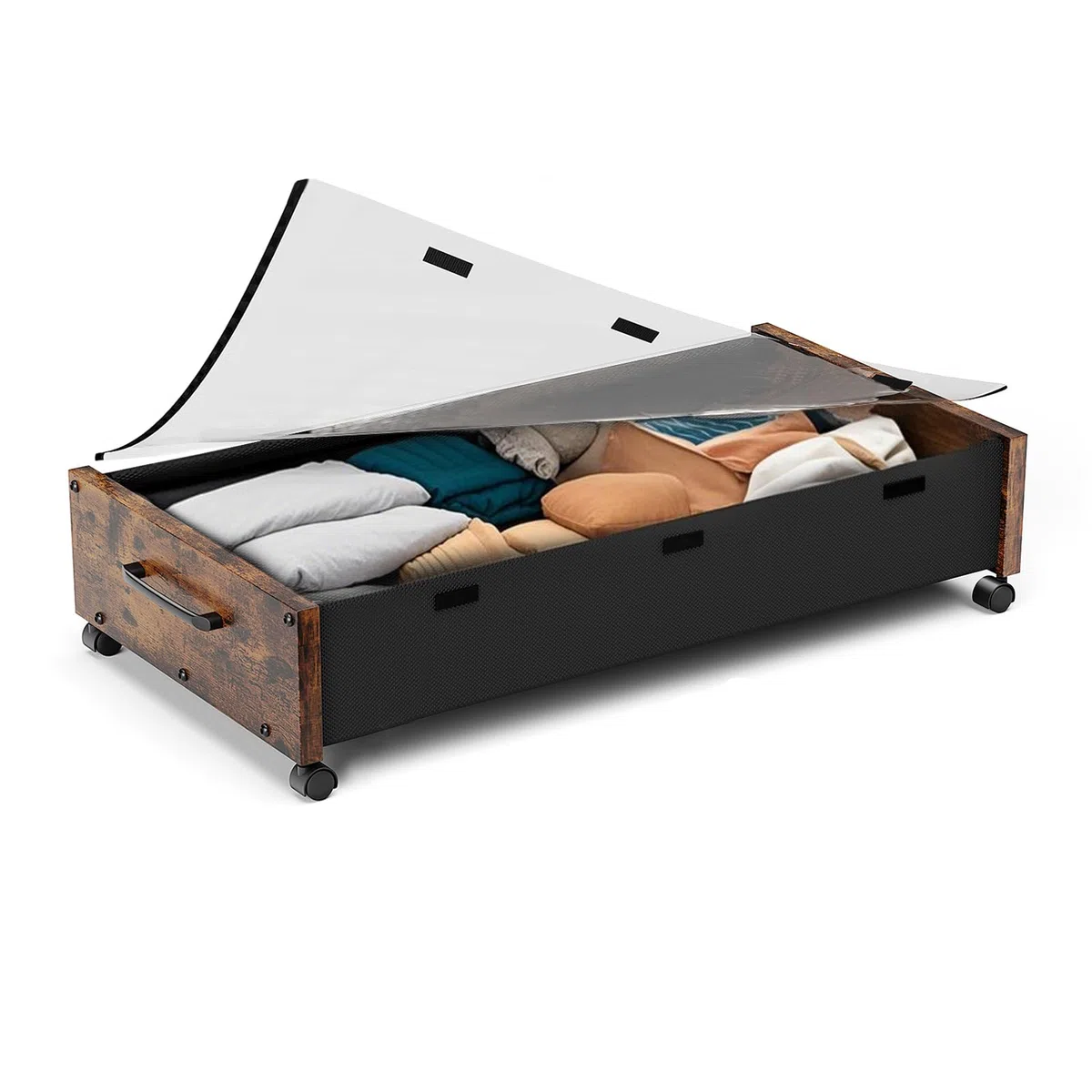 Contenitore sottoletto con ruote, contenitori di legno extra grandi sotto il letto per scarpe, cassetti sotto il letto con rotelle e coperchio trasparente, robusti per vestiti e giocattoli 91,5 cm