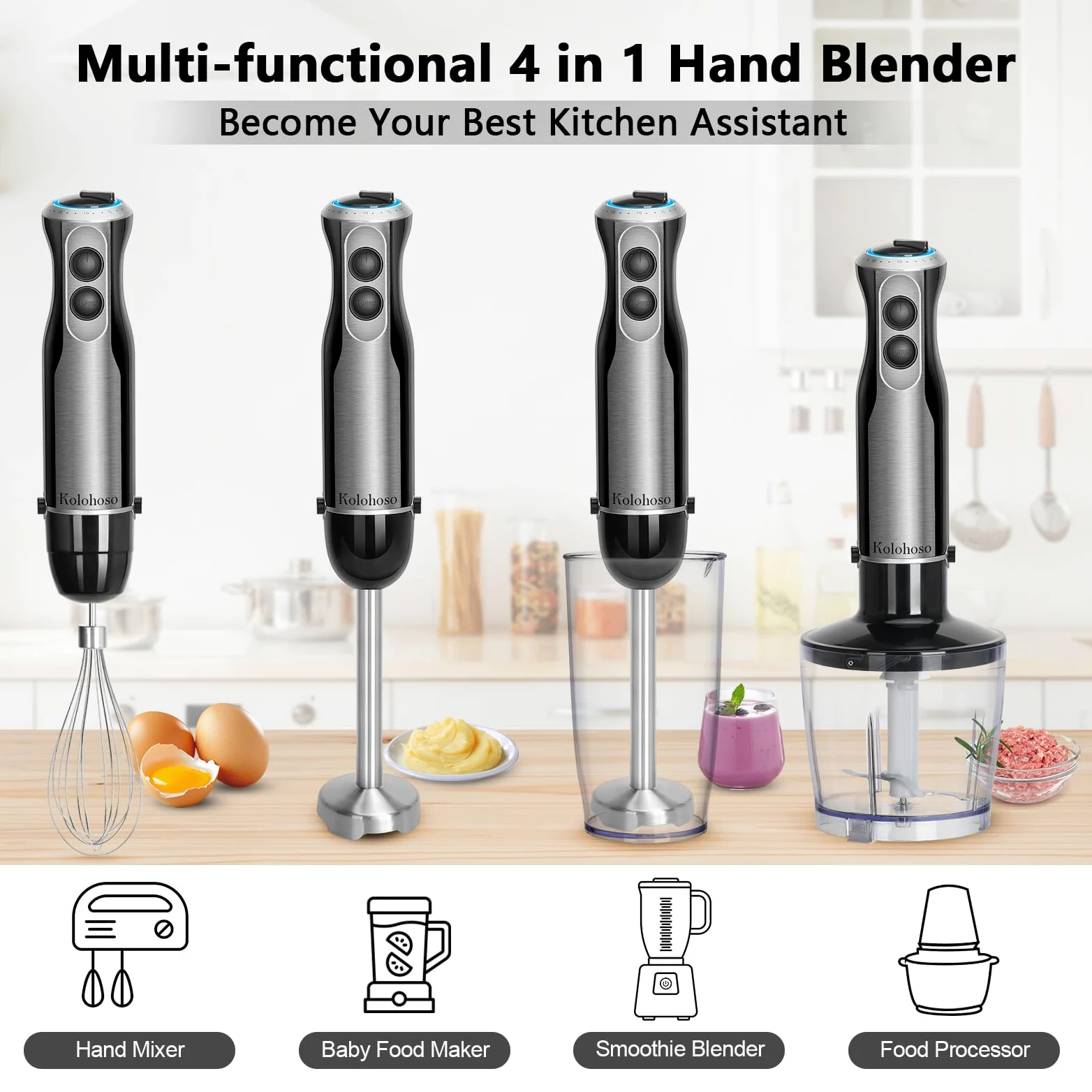 1500W Frullatore a Immersione, 4 In 1 Mixer Multifunzione Professionale Con 20 Velocità e TURBO, Acciaio Inox 304, Frusta, Tritatutto 500ml e Misurino 600ml,Per Smoothie Zuppe Salse,senza BPA