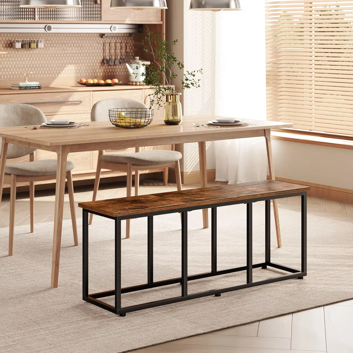 HOOBRO Sgabello da Pranzo, Panca da Cucina, Panchina da Ingresso, Stile Industriale, Panchina da Letto, Facile da Montare, per Sala da Pranzo, Camera da Letto, Marrone Vintage e Nero EBF45CD01