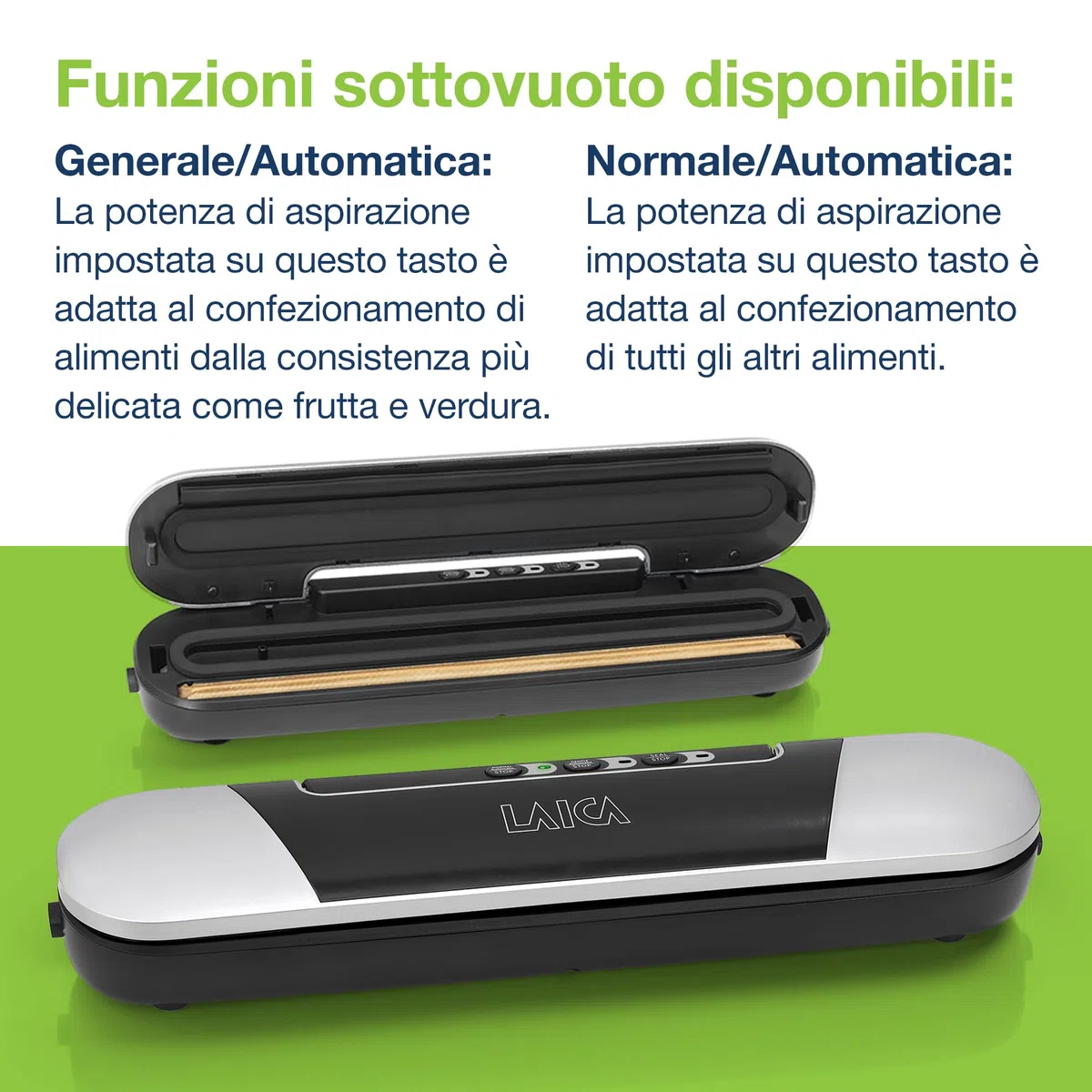 LAICA Sigillatrice a Caldo e Macchina Sigillatrice Sottovuoto per Alimenti - Design Compatto, Conservabile in un Cassetto - Preservazione dei Cibi Freschi e Cotti - con Fornitura 2 Extra di Sacchetti