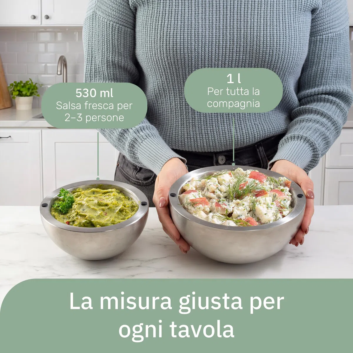 Useful Co. Ciotole Cucina, Ciotola Acciaio Inox Cucina & Bowl Acciaio — Mini Ciotola Doppia Parete per Pesto & Guacamole, Isolata Caldo e Freddo, Congelatore, 530 ml & 1 l (Set da 2)
