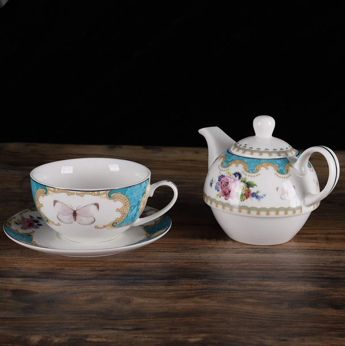 fanquare Servizio da Tè per Una Persona con Vintage Fiori di Rosa, Una Teiera con Tazza di Caffè e Piattino in Porcellana Turchese