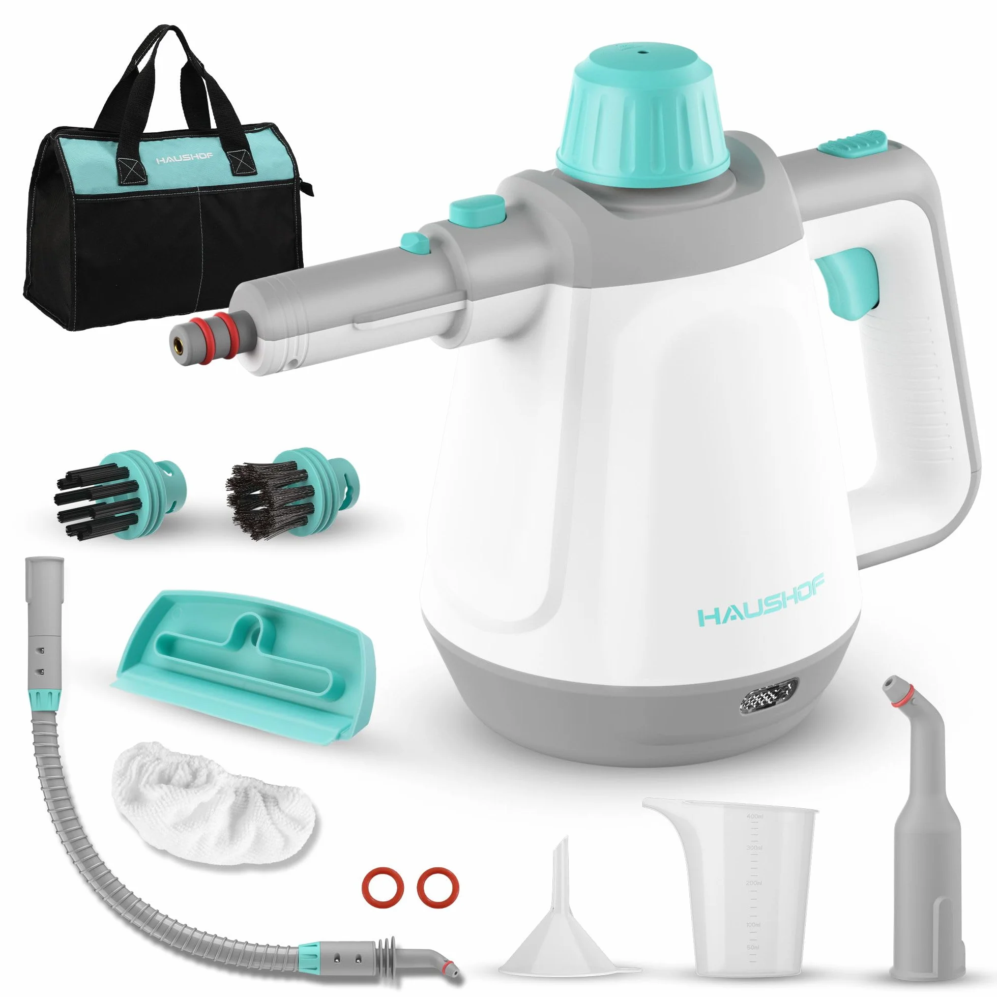 HAUSHOF Pulitore a Vapore Portatile, Serbatoio dell'acqua da 450 ml con 8 Accessori per la Rimozione delle Macchie, Pulitore a Vapore Manuale Portatile per Divano, Cucina, Pavimento, Bagno, Auto