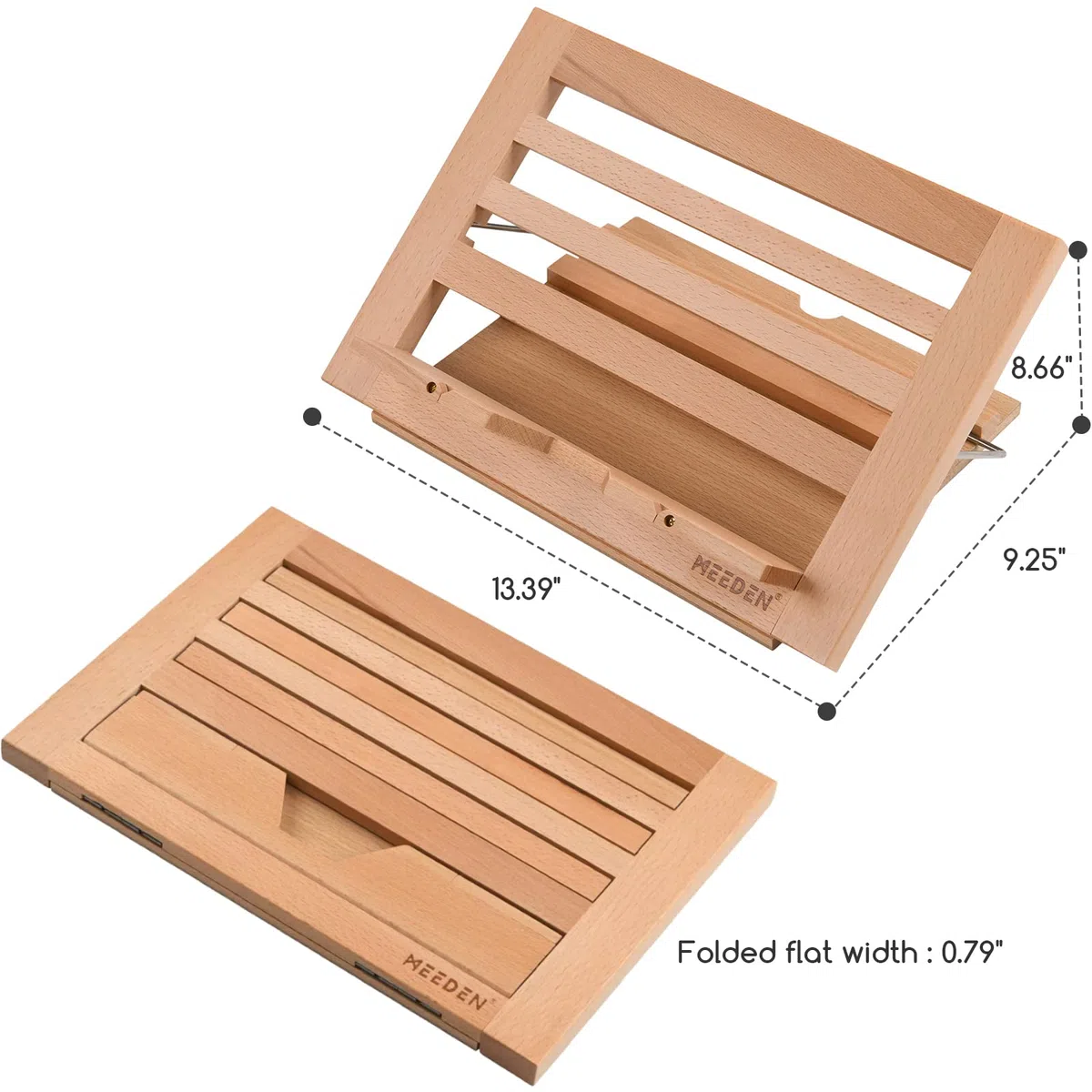 MEEDEN Leggio per Libri con clip portapagine, Porta Libri di Cucina per leggere a mani libere, regolabile pieghevole in legno massello di faggio Laptop Stand per Libro di testo - 34 x 23 cm