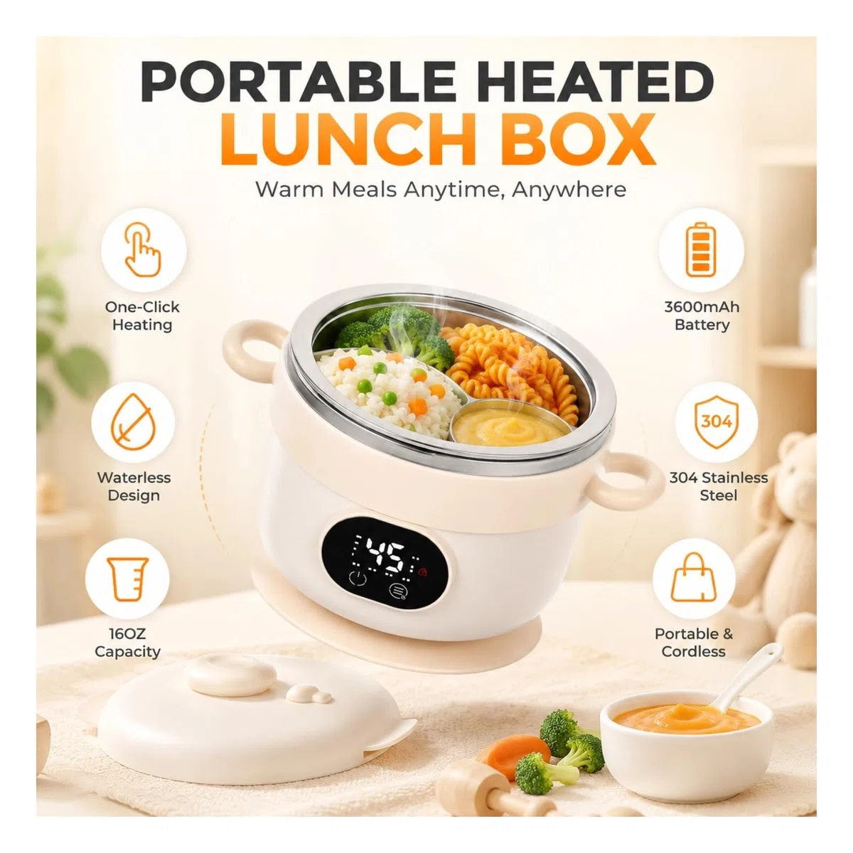 Cuifati Scaldavivande elettrico portatile da 470 ml (16 oz), alimentato a batteria, in acciaio inossidabile, con riscaldamento a un clic, ideale per lavoro, viaggi, bambini e adulti