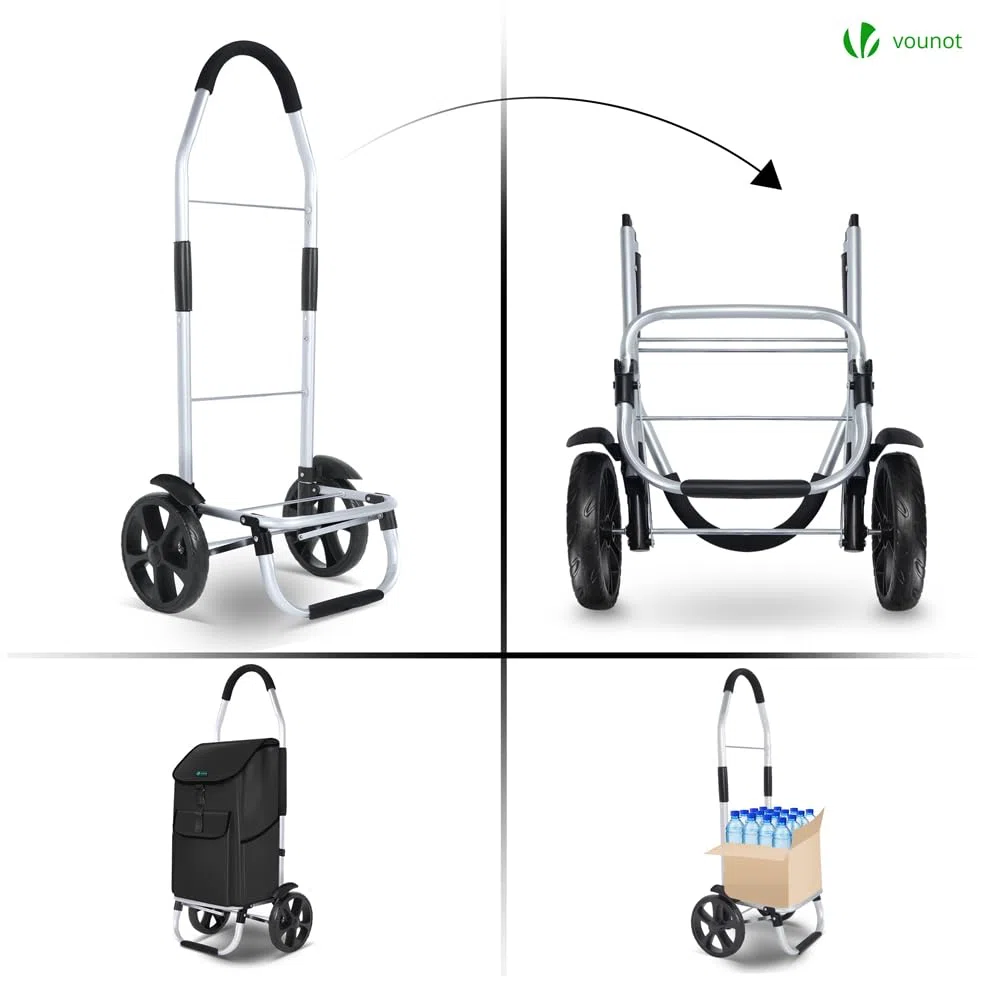 VOUNOT® Carrello della Spesa Pieghevole in Alluminio, Carrello Portaspesa con Borsa da 58L, Ruote Silenziose e Parafanghi, Nero