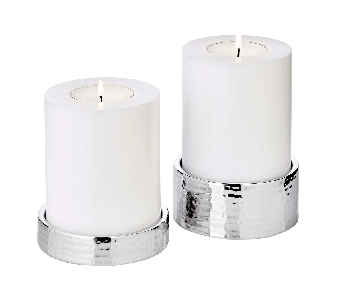 EDZARD Set di 2 portacandele Luca, in acciaio INOX martellato lucidato a specchio, diametro 11,5 cm, altezza 2,5 cm e 5 cm, per candele a colonna Ø 10 cm, ideali per la candela permanente Cornelius