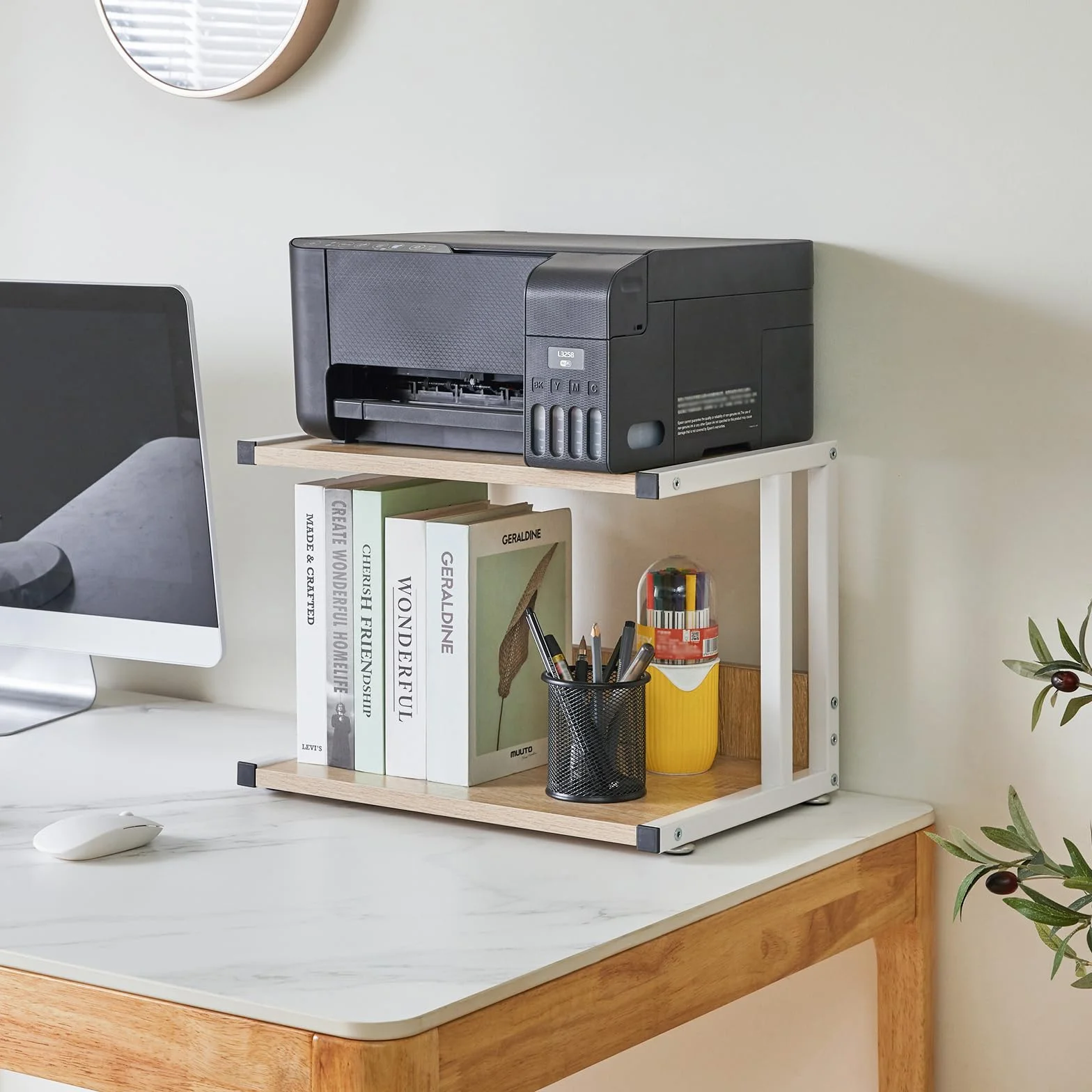 IBUYKE Supporto da scrivania per stampante, carrello stampante a 2 livelli, scaffale organizer da scrivania con 4 ruote, per fax, uso domestico e ufficio TLJ007R
