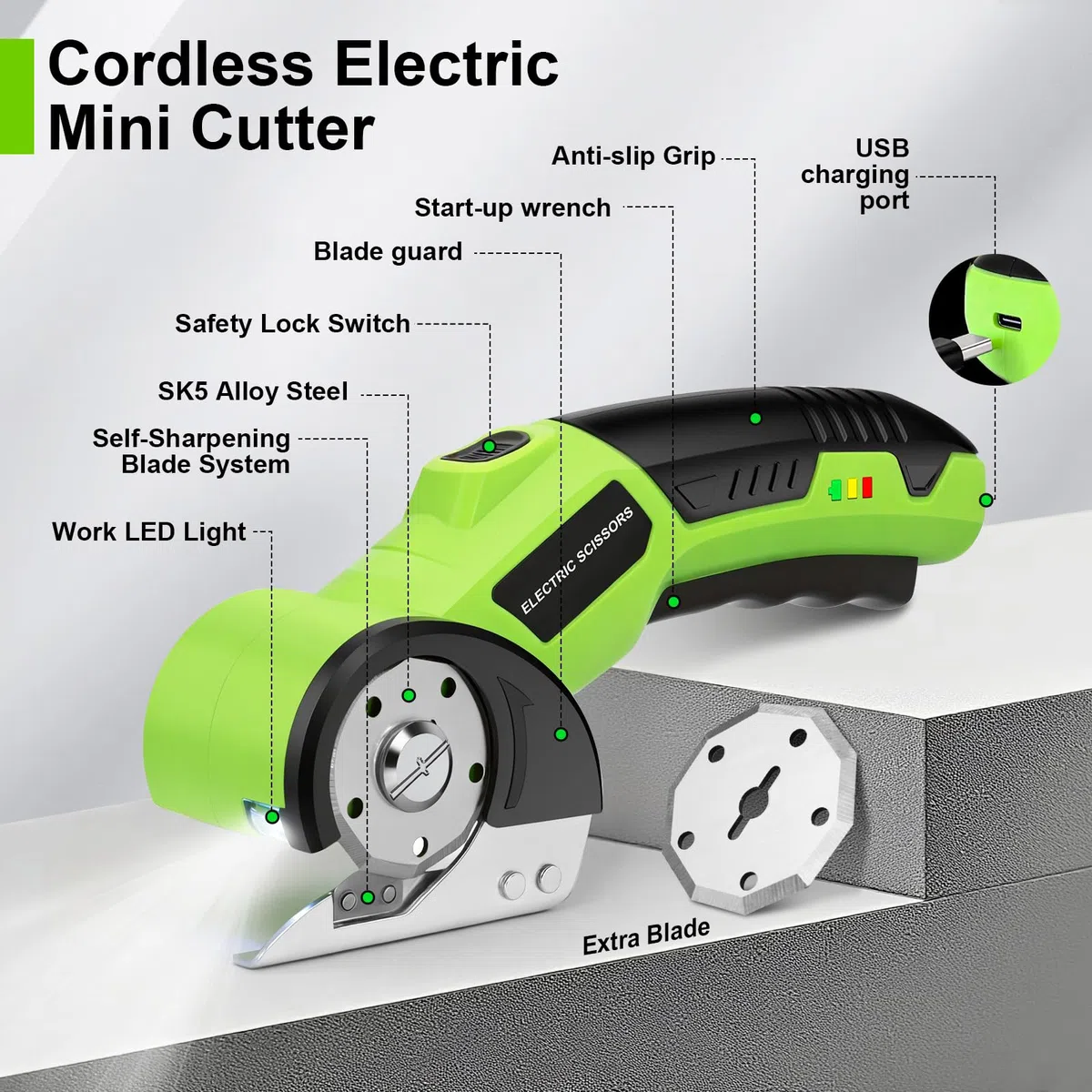 Taglierina Elettrica Rotante 4V, Forbici Elettriche Ricaricabili con Lama Autoaffilante e LED – Per Tessuti, Cucito, Pelle, Moquette, Cartone, Plastica – Idea Regalo Fai da Te, Atelier (Verde)