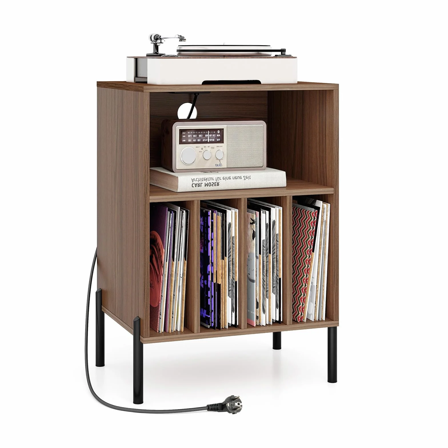 KOMFOTTEU Supporto per Giradischi in Vinil con Stazione di Ricarica, Porta Dischi Vinile Vintege con 5 Scomparti Aperti, Espositore per Dischi Fino a 145 Album per Soggiorno, 53x45x78,5cm (Noce)