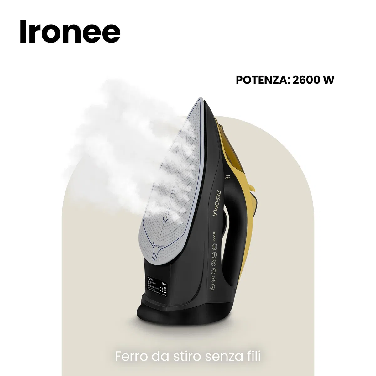 ZEEGMA IRONEE Ferro da stiro senza fili e con fili, Con rivestimento in ceramica 2600W, Stiratura orizzontale e verticale Serbatoio 320ml autopulente Antigoccia e anticalcare Stiratura