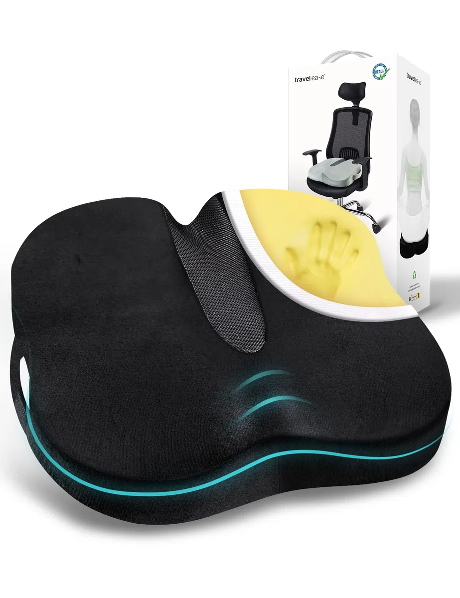 Travel Ease Cuscino Ergonomico per Sedia, Cuscino in Schiuma di Memoria Premium con Base Antiscivolo per Lungo Comfort, Cuscino di Supporto per l'anca per Sedia da Ufficio, Sedile Auto (Nero)
