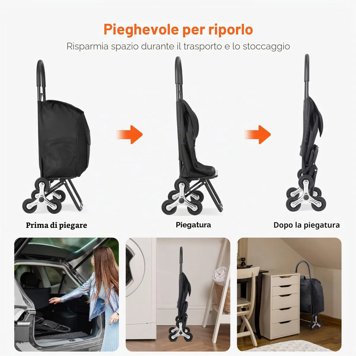 VEVOR Carrello Saliscale, Carrello Spesa Pieghevole da 36L, Carrello Spesa Carrello Lavanderia Carrello Saliscale con 6 Ruote e Borsa in Tessuto Oxford, Carrello Pieghevole per Spesa Lavanderia, Nero