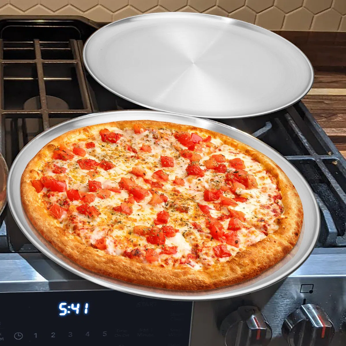 Kevenal Set di 2 teglie per pizza in acciaio inox da 34 cm, per forno, vassoio per pizza in acciaio, piatto rotondo per pizza (extra spesso)