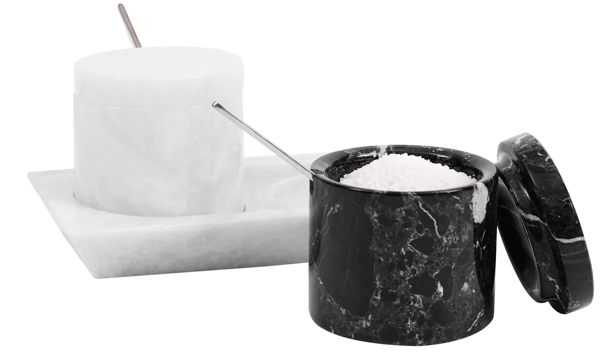 Radicaln Saliera in marmo con coperchio, realizzata a mano in bianco e nero, set di 2 contenitori per sale e pepe con vassoio in marmo - Contenitori per spezie e sale
