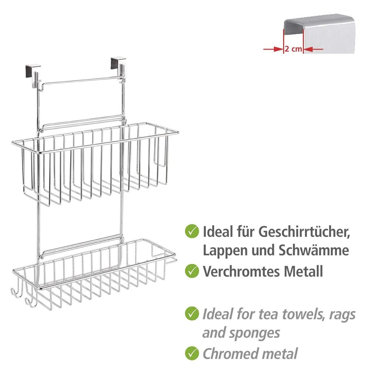 WENKO Cesto pensile Flexi, organizer a 2 livelli da appendere a cassetti e ante di armadi, adatto per bagni e cucine, montaggio senza forare, in metallo cromato, 32 x 47 x 12.5 cm