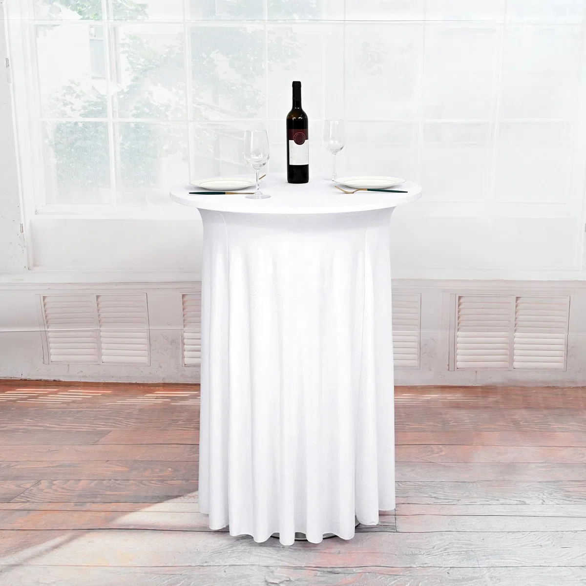 2 Confezioni di tovaglia da cocktail in spandex bianco, gonna corta, tavola rotonda alta tovaglia elastica set, tovaglia da cocktail ondulata per ricevimenti nuziali (32 "x43)