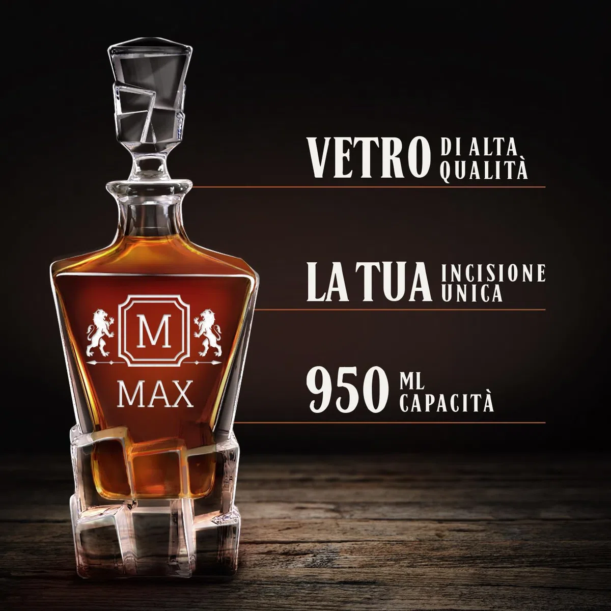 Maverton Caraffa in vetro per whisky - ideale per alcolici e liquori - 950 ml - incisione personalizzata - unica per l’ uomo - ottima per acqua - pensiero speciale per Lui - iniziale