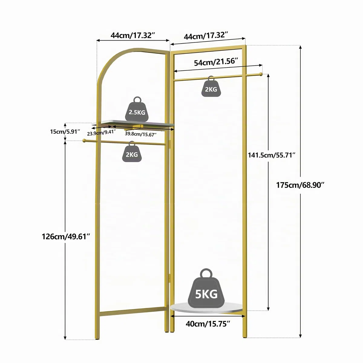 unho Appendiabiti ad Angolo Metallo Dorato: Oro Appendiabiti da camera da Terra Appendiabiti Ingresso Attaccapanni Porta abiti da camera da letto Salvaspazio con Ripiano Asta 175x44 cm